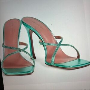 Amina Muaddi Adriana Crystal Embellished Metallic Leather Mules 39 NIB